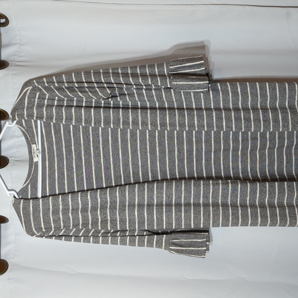 Umgee striped duster length open front side slit grey white cardigan boho beach - Picture 2 of 9